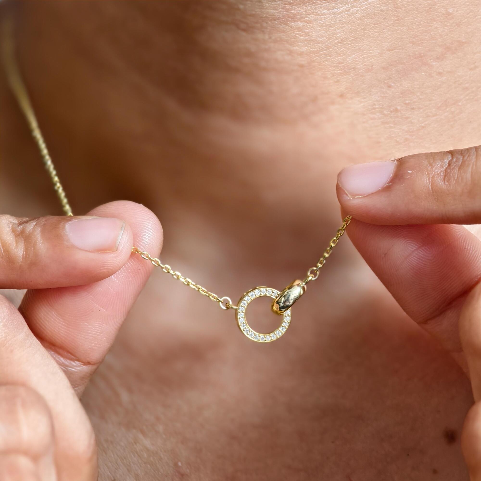 14k Gold Double Circle Diamond Interlocking Rings Pendant, Dainty Anniversary Gift for Her