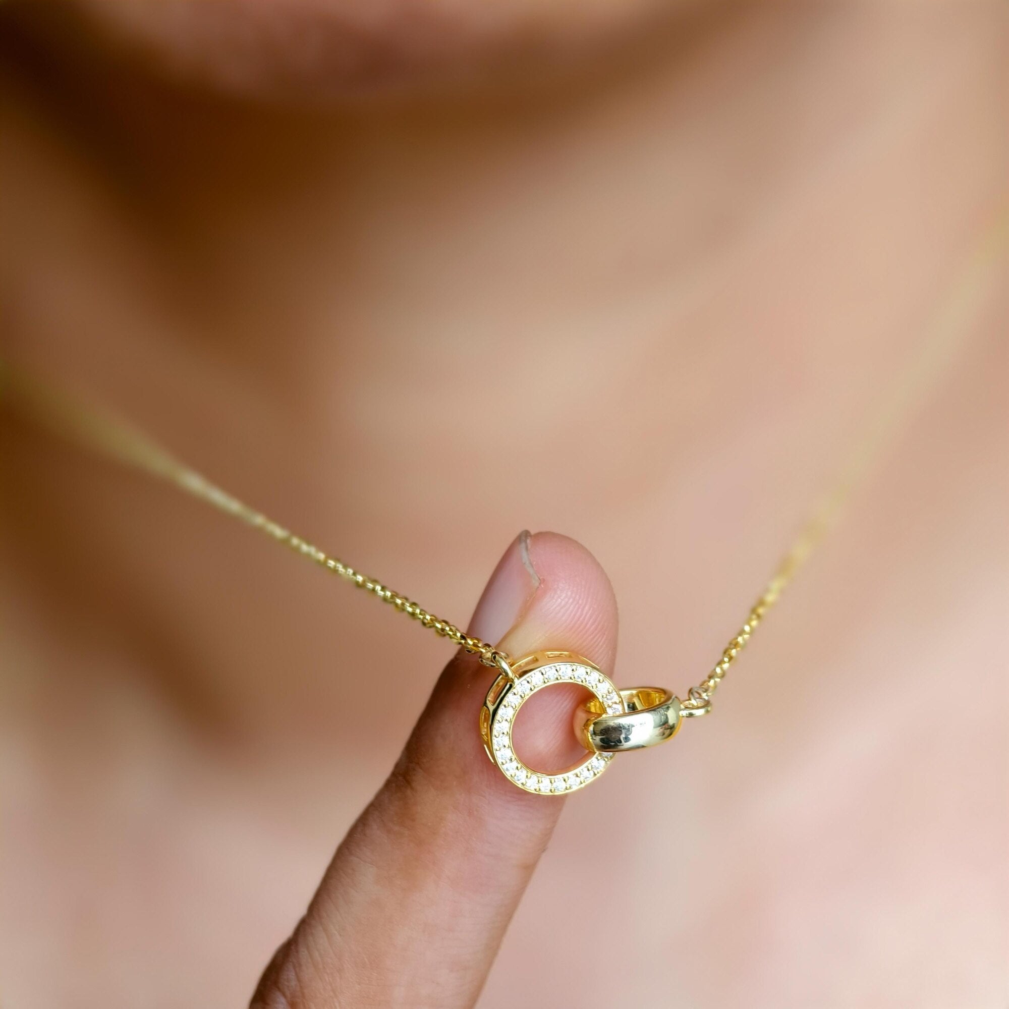 14k Gold Double Circle Diamond Interlocking Rings Pendant, Dainty Anniversary Gift for Her