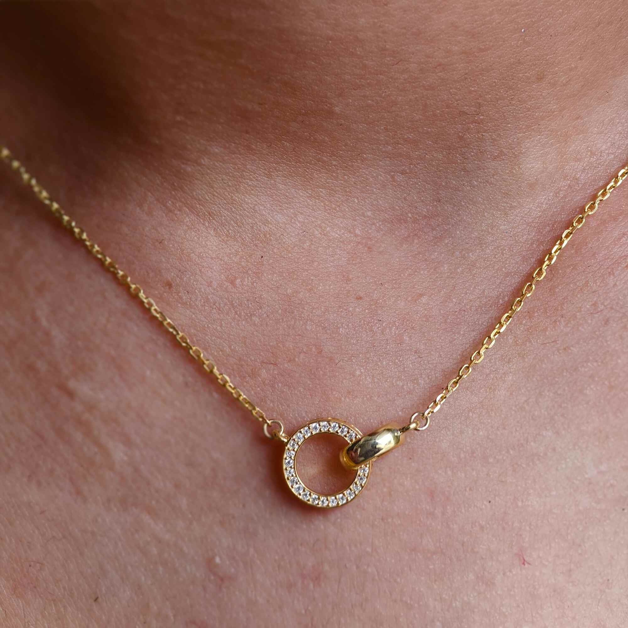 14k Gold Double Circle Diamond Interlocking Rings Pendant, Dainty Anniversary Gift for Her