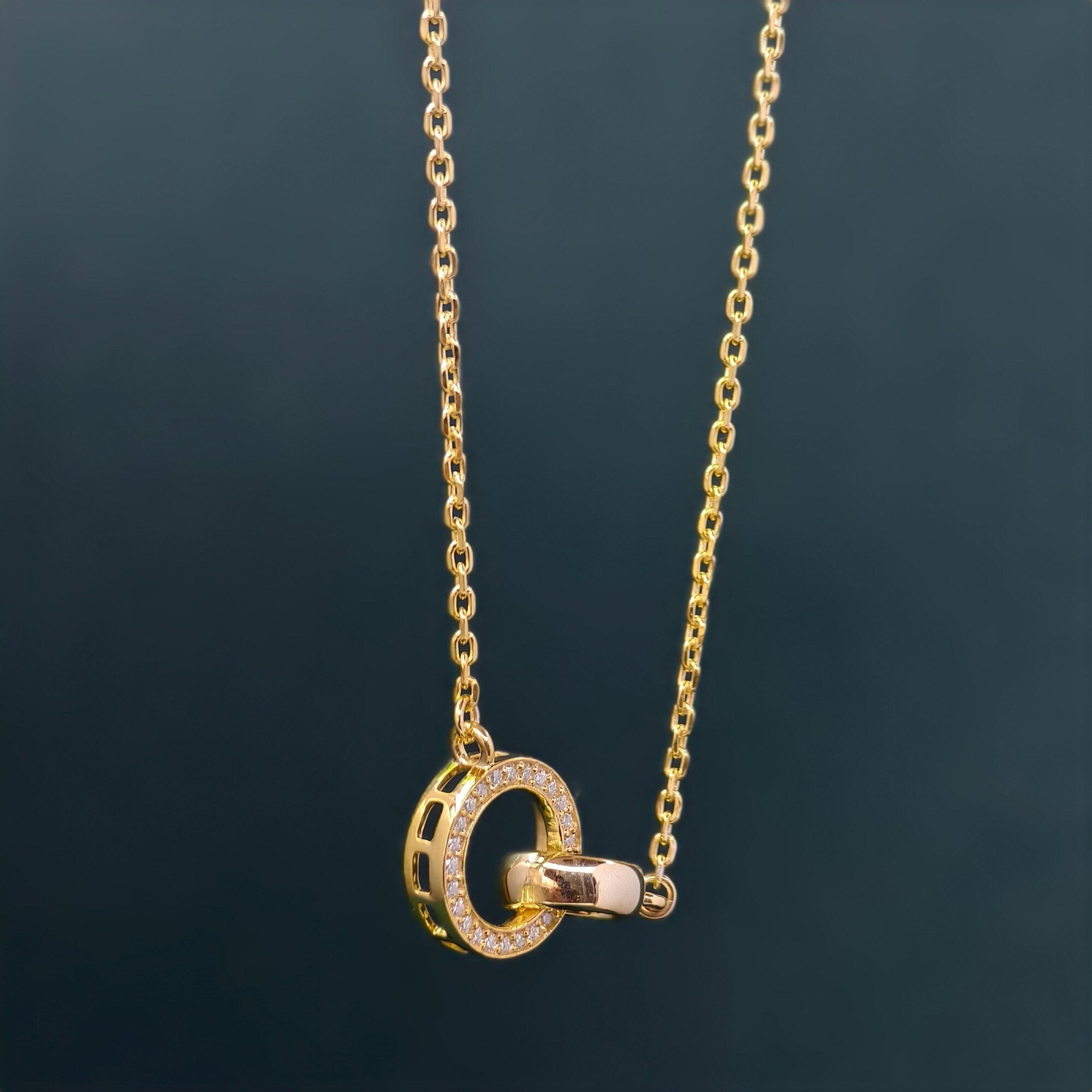 14k Gold Double Circle Diamond Interlocking Rings Pendant, Dainty Anniversary Gift for Her