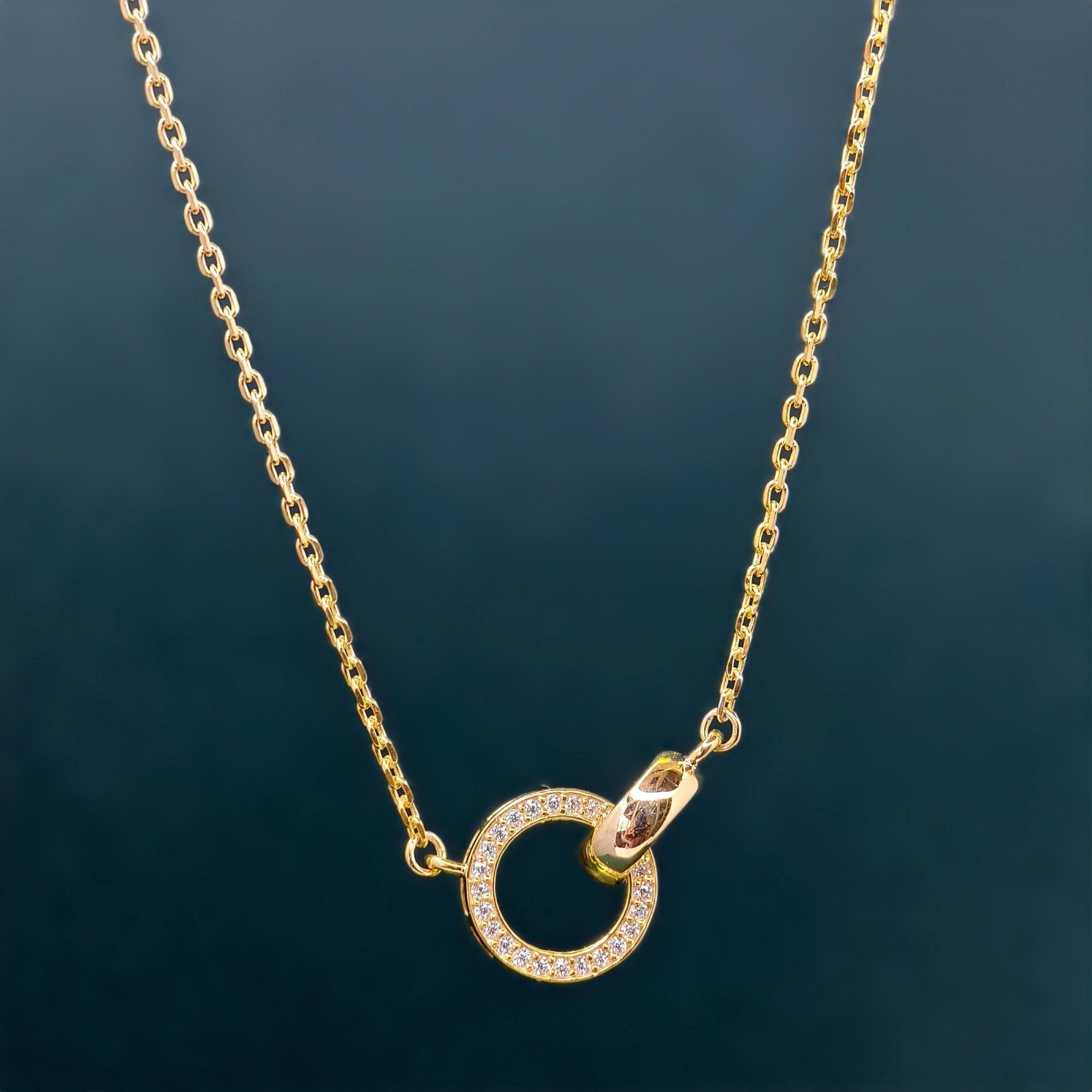 14k Gold Double Circle Diamond Interlocking Rings Pendant, Dainty Anniversary Gift for Her