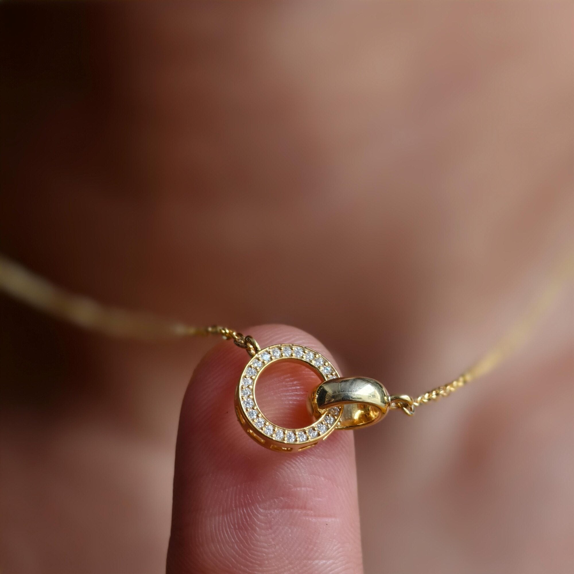 14k Gold Double Circle Diamond Interlocking Rings Pendant, Dainty Anniversary Gift for Her