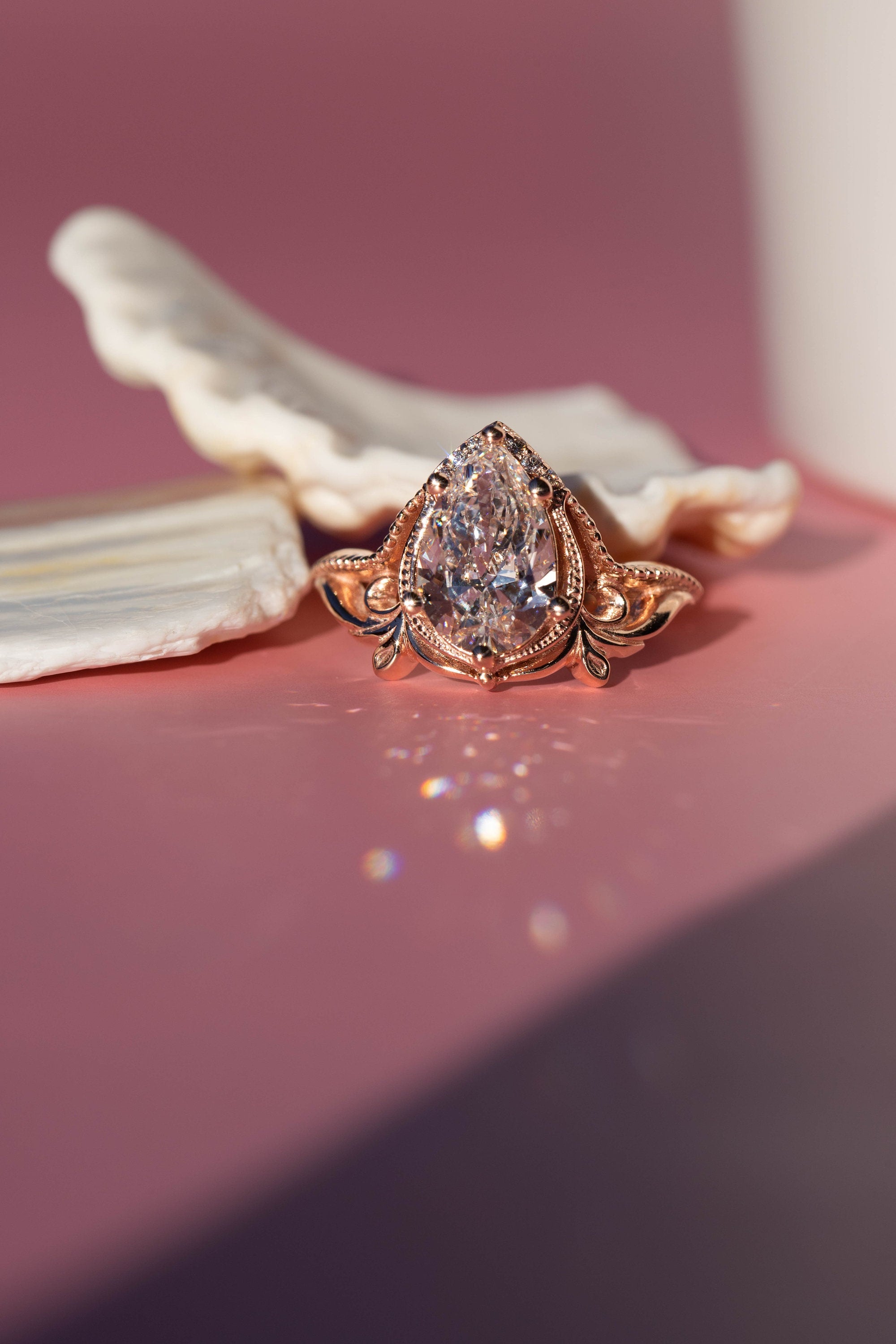 2.5 Carat Pear-Cut Lab Diamond Engagement Ring  Art Nouveau Leafy Design
