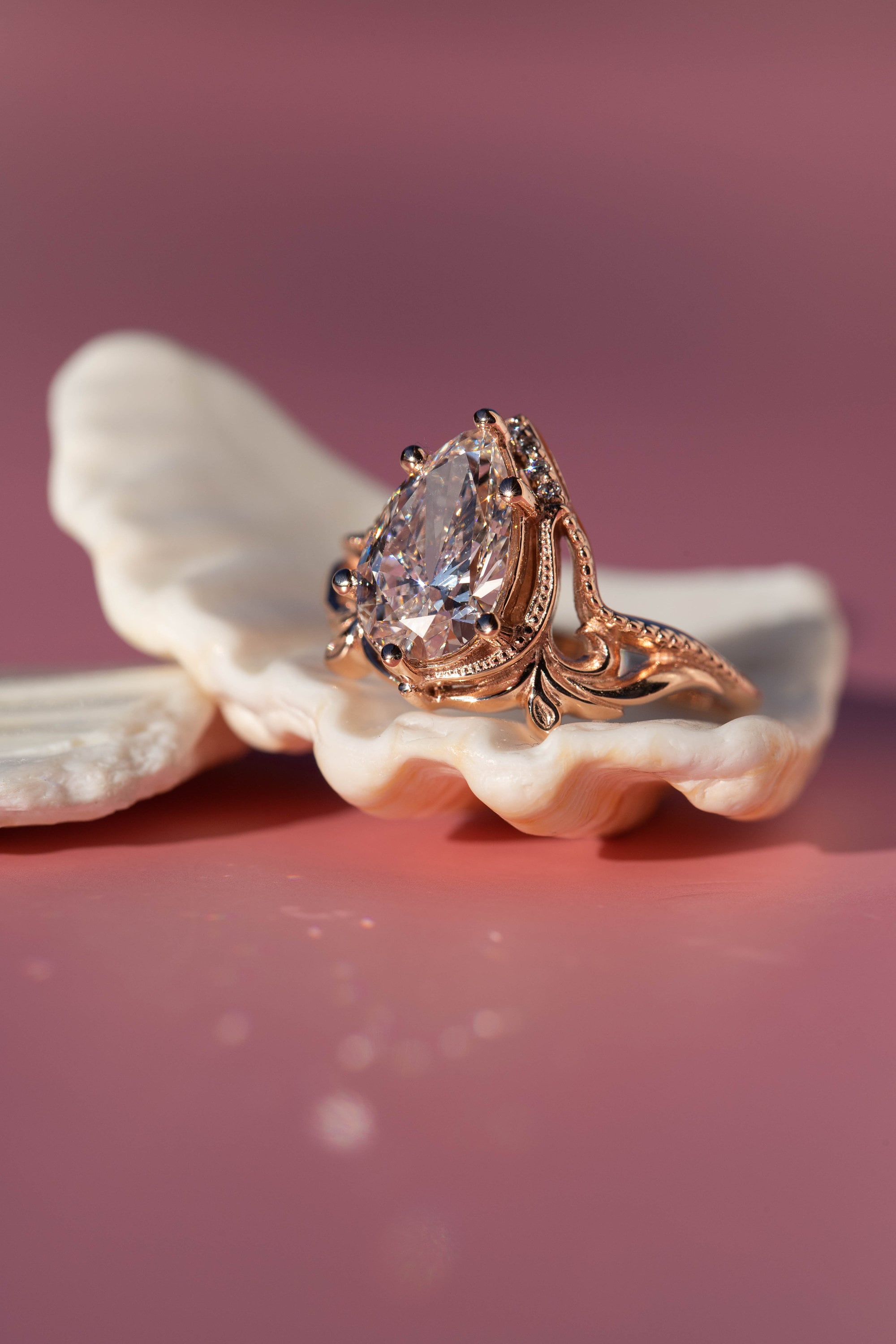2.5 Carat Pear-Cut Lab Diamond Engagement Ring  Art Nouveau Leafy Design