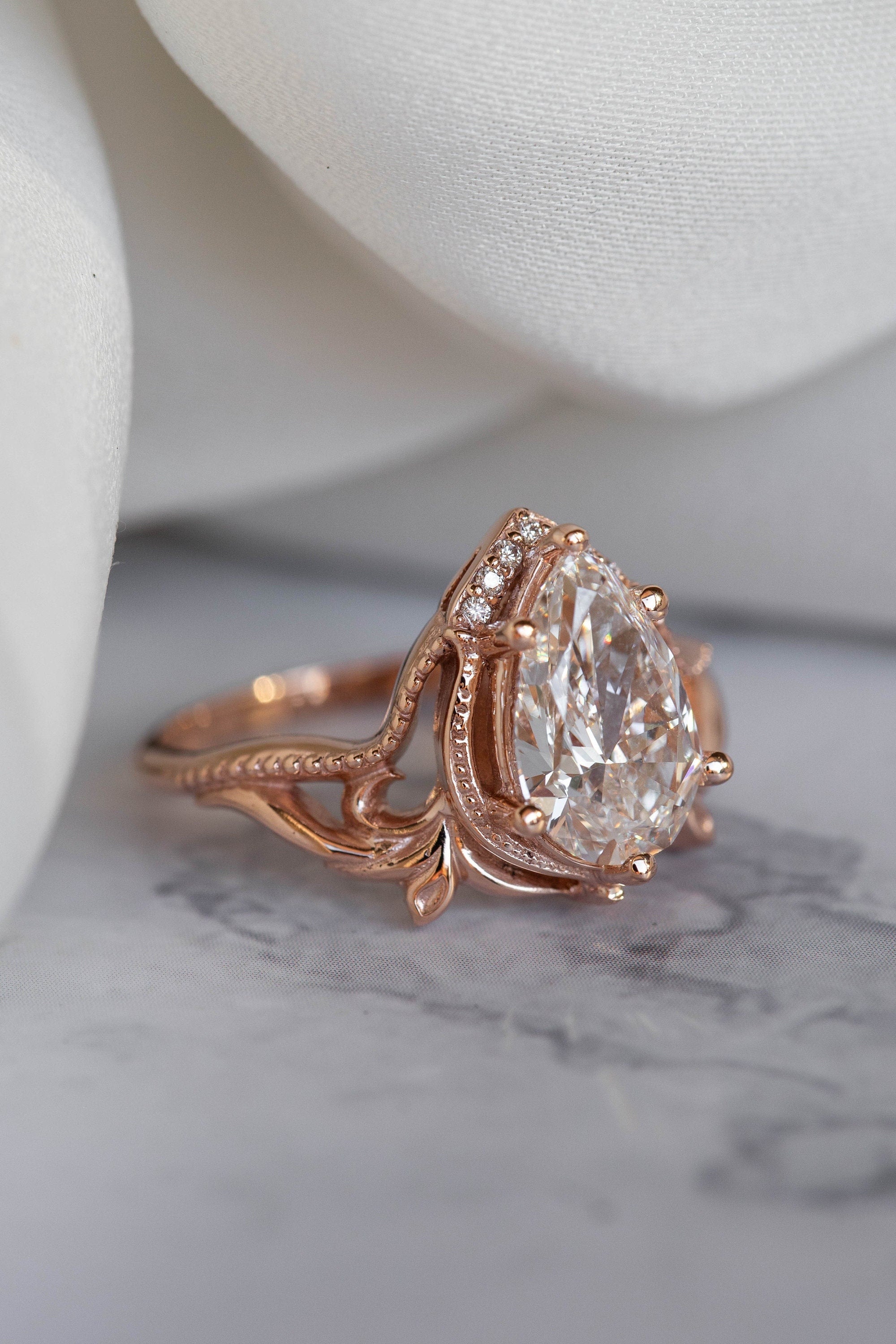 2.5 Carat Pear-Cut Lab Diamond Engagement Ring  Art Nouveau Leafy Design