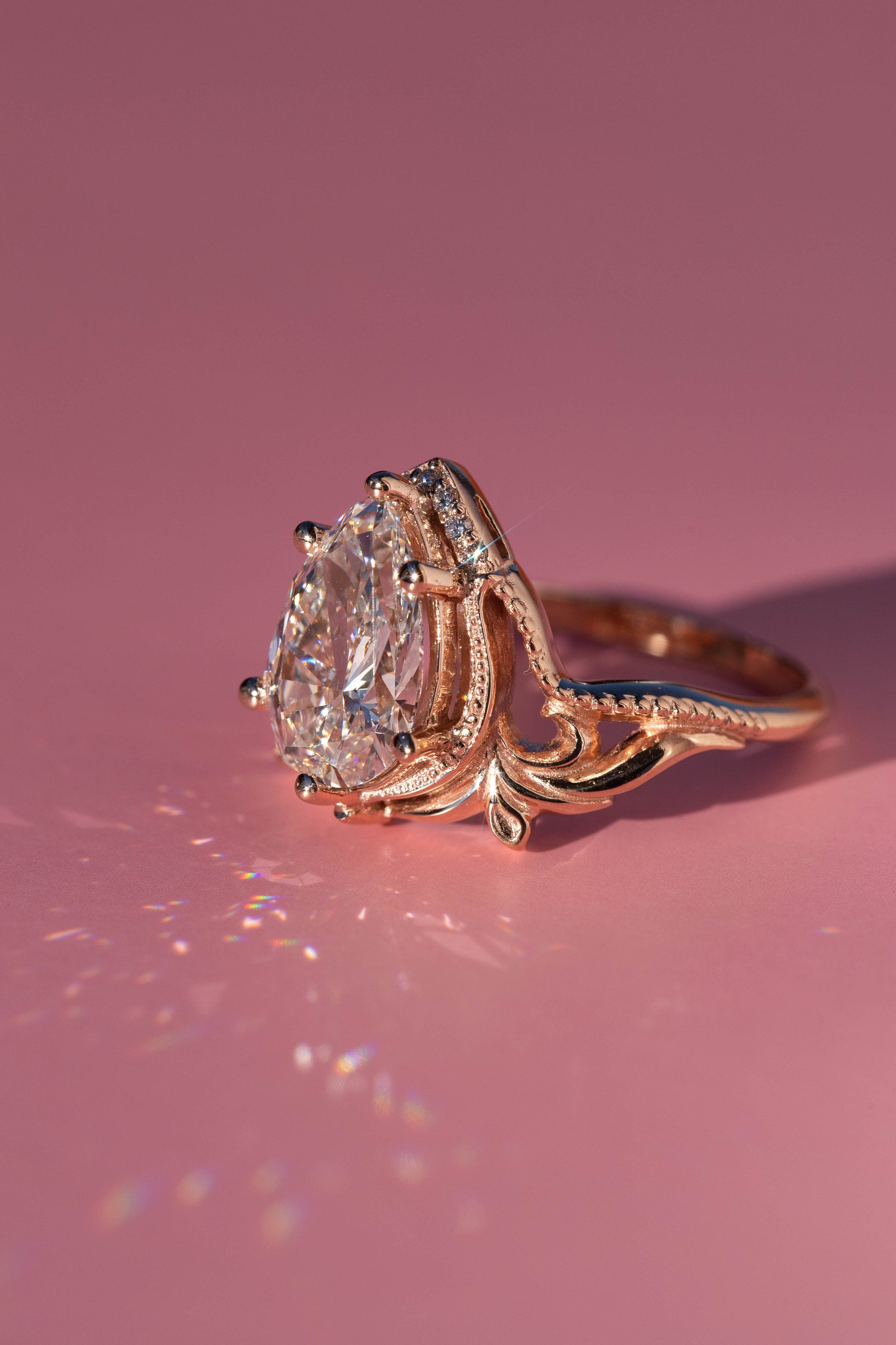 2.5 Carat Pear-Cut Lab Diamond Engagement Ring  Art Nouveau Leafy Design