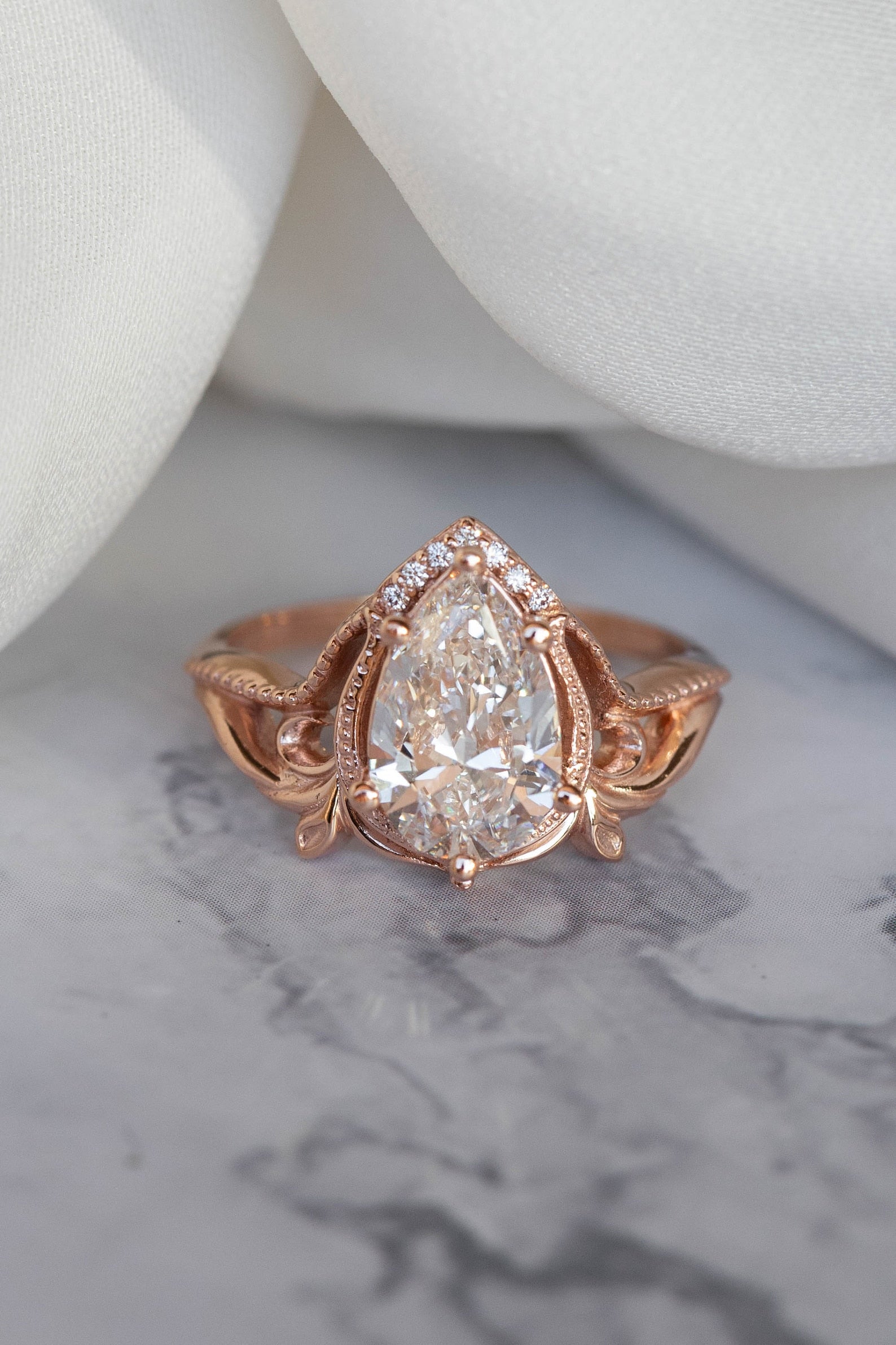 2.5 Carat Pear-Cut Lab Diamond Engagement Ring  Art Nouveau Leafy Design