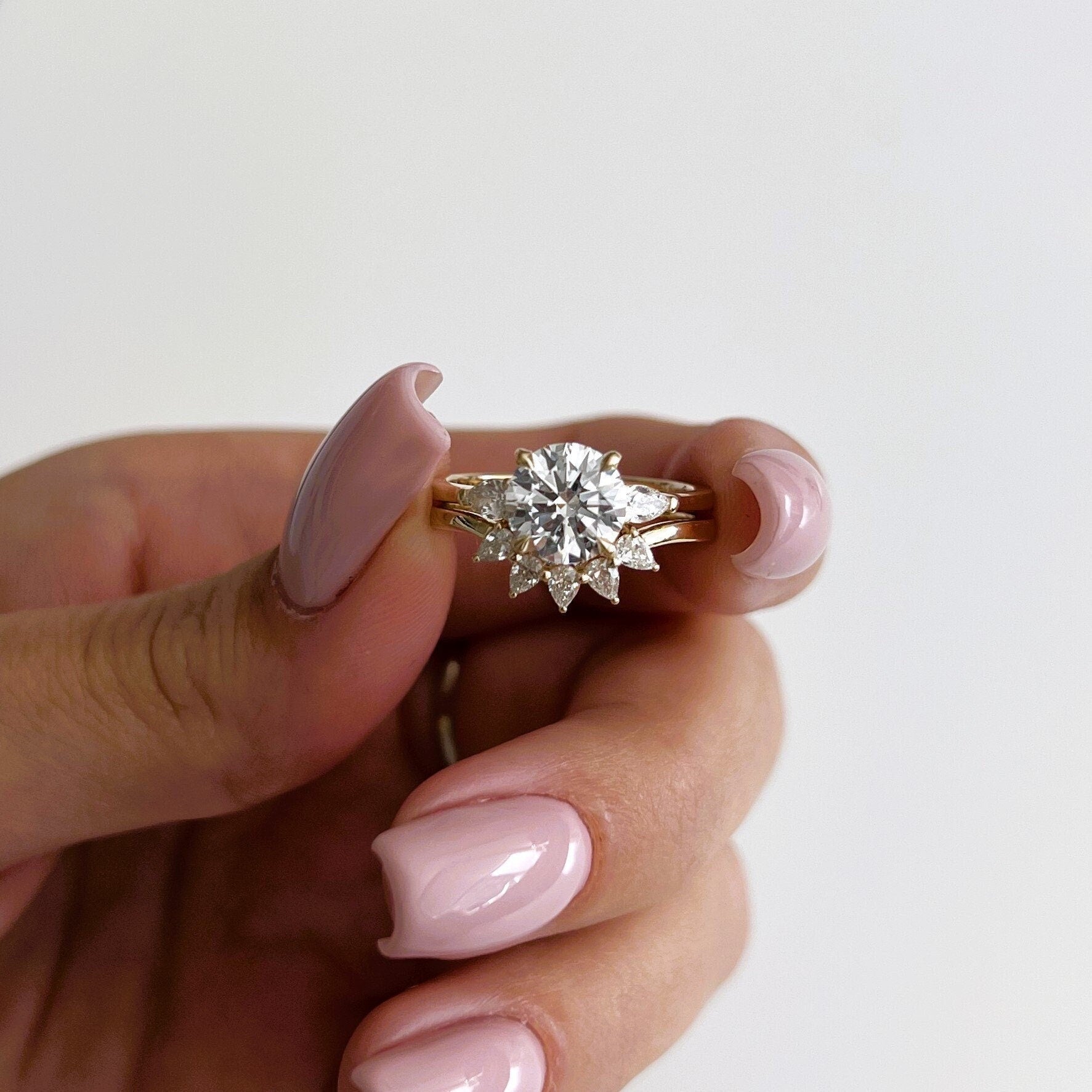 Pear-Cut Lab-Grown Diamond Three-Stone Bridal Set - Crown Engagement Ring