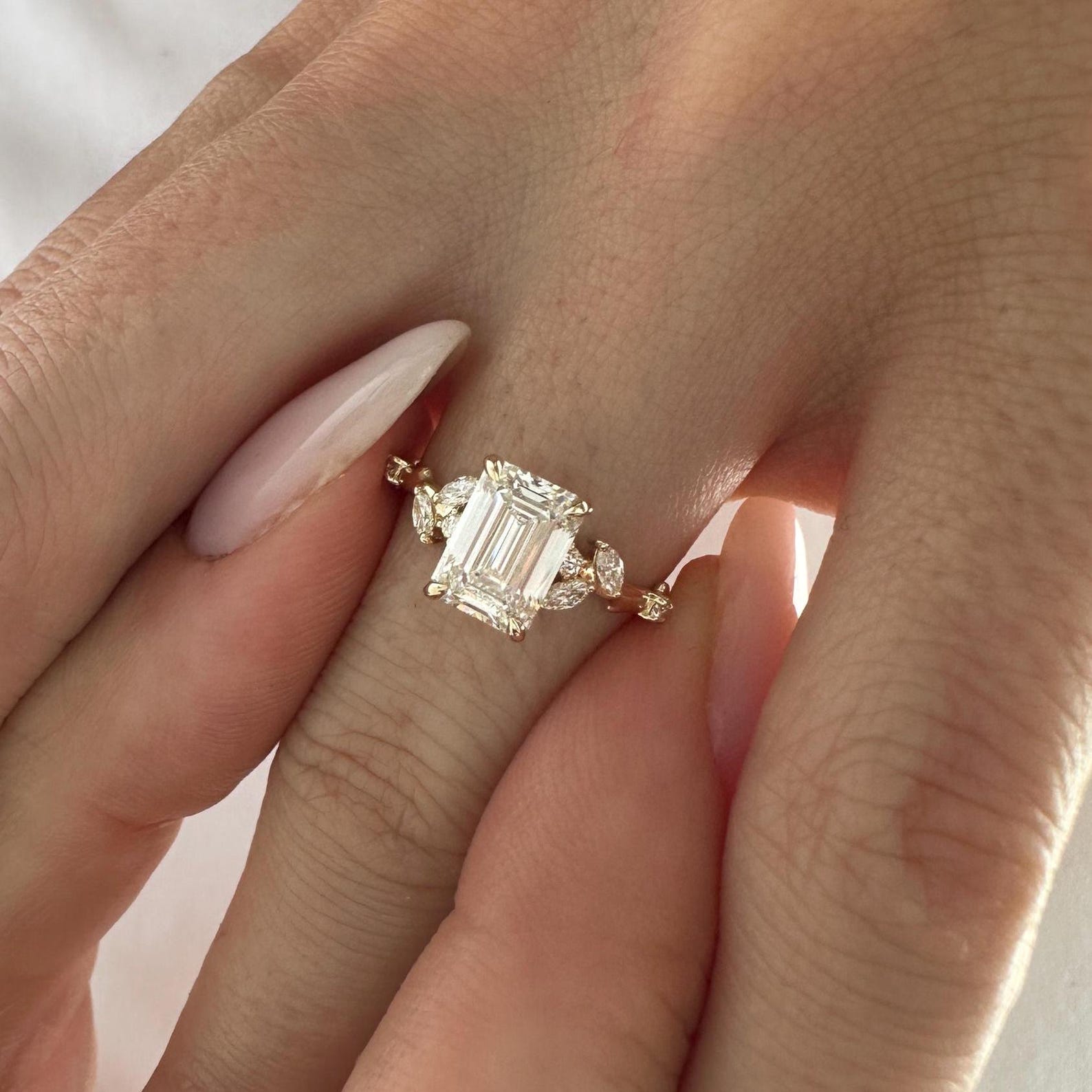 3.70 CT Emerald-Cut Lab Diamond Leaf Boho Engagement Ring