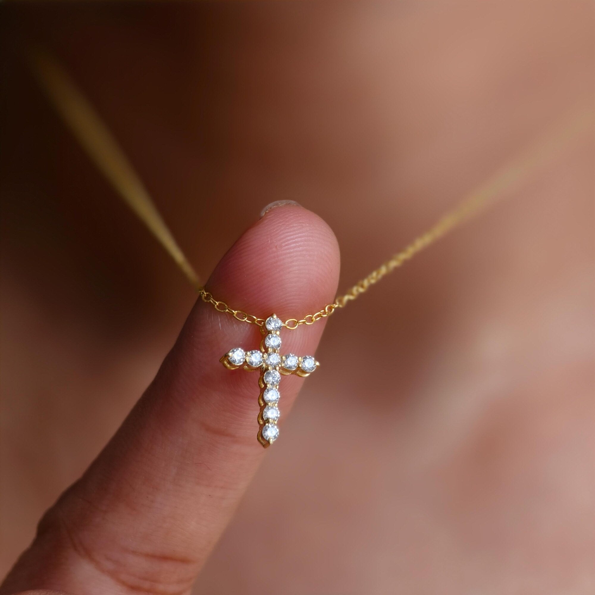 Cross Diamond Pendant 14k Real Gold Cross Necklace For Woman, Religious Necklace