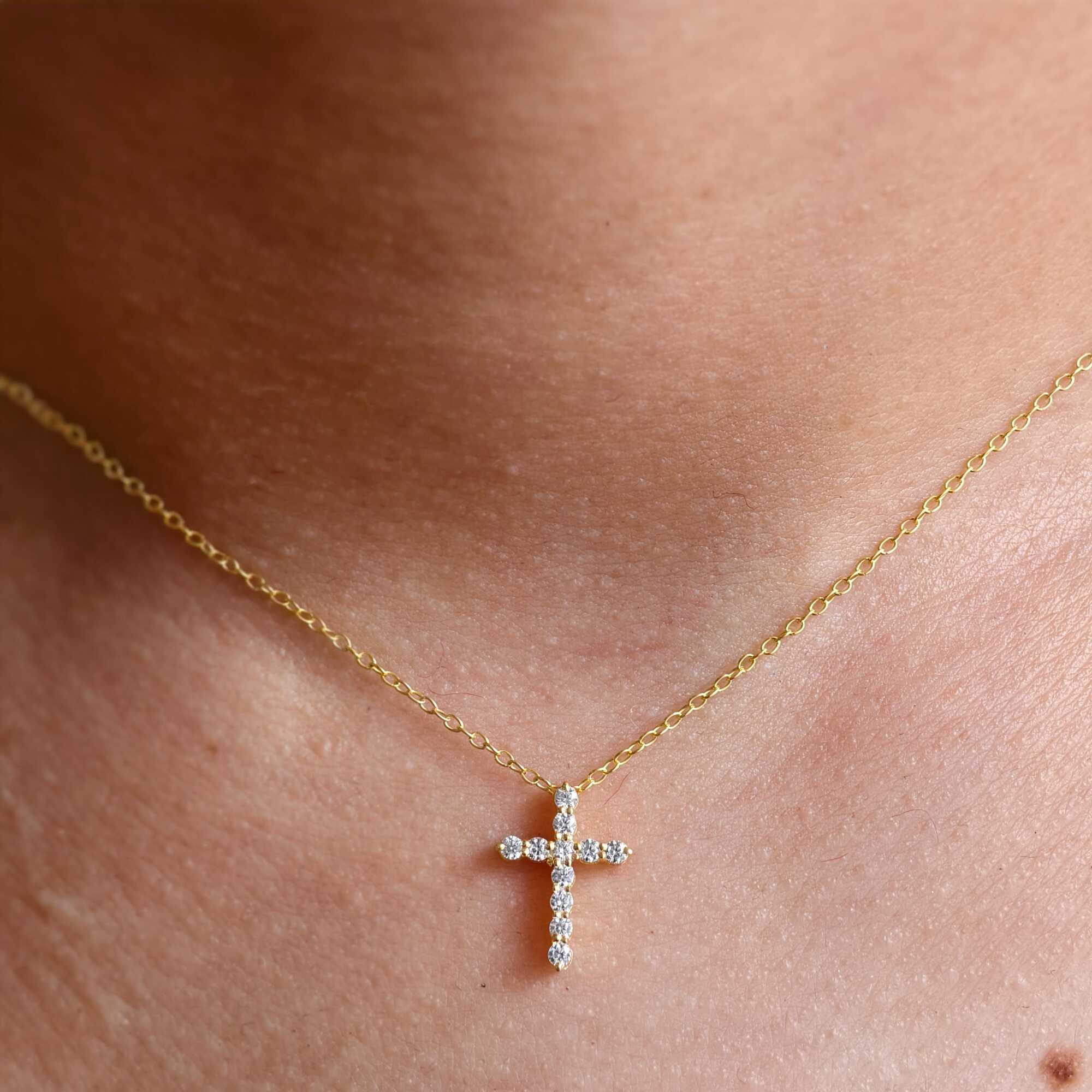 Cross Diamond Pendant 14k Real Gold Cross Necklace For Woman, Religious Necklace