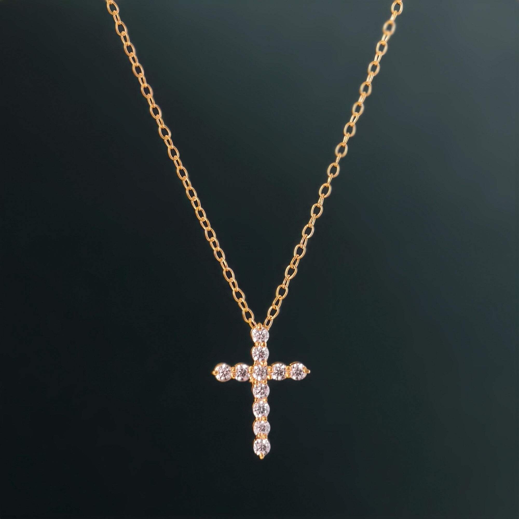 Cross Diamond Pendant 14k Real Gold Cross Necklace For Woman, Religious Necklace