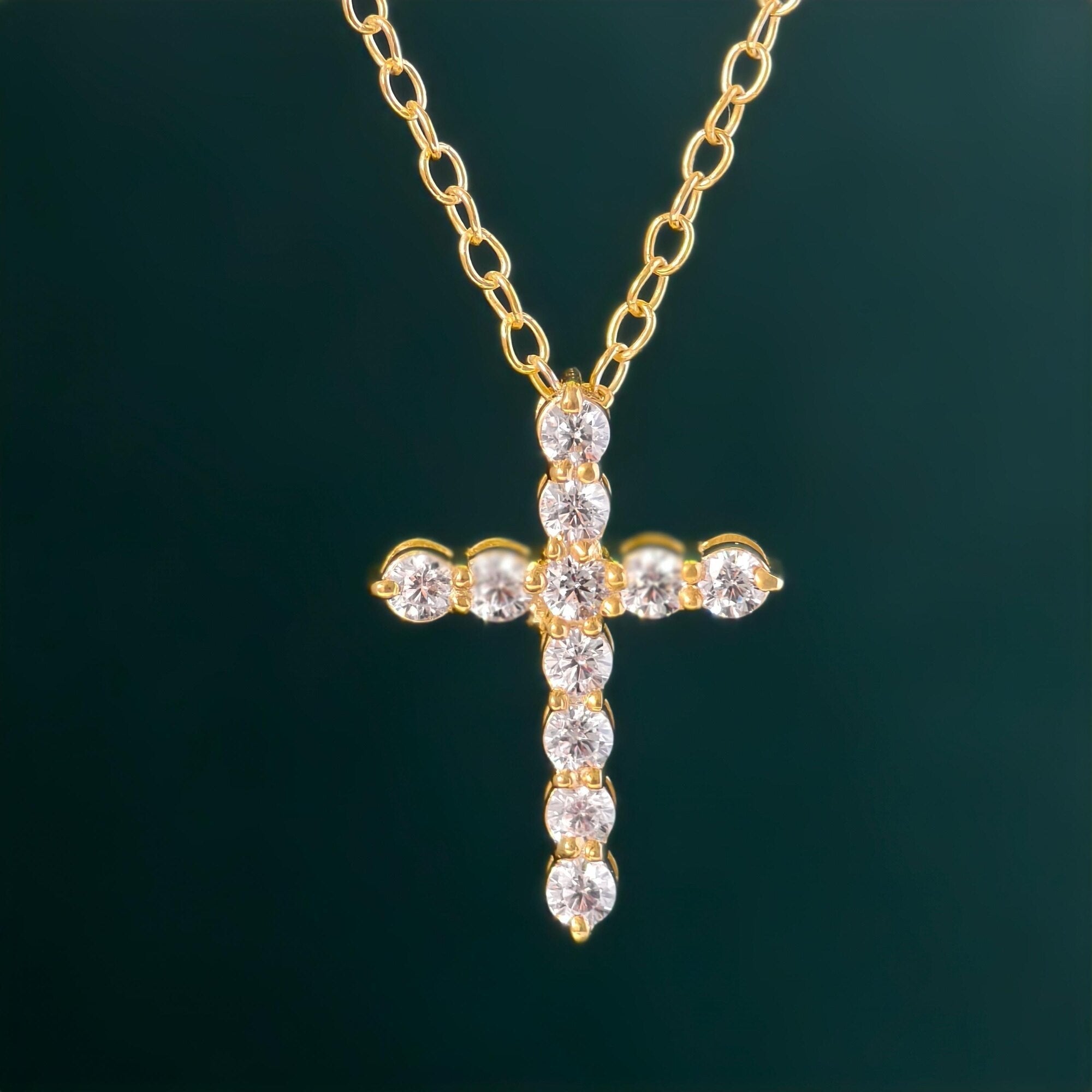 Cross Diamond Pendant 14k Real Gold Cross Necklace For Woman, Religious Necklace