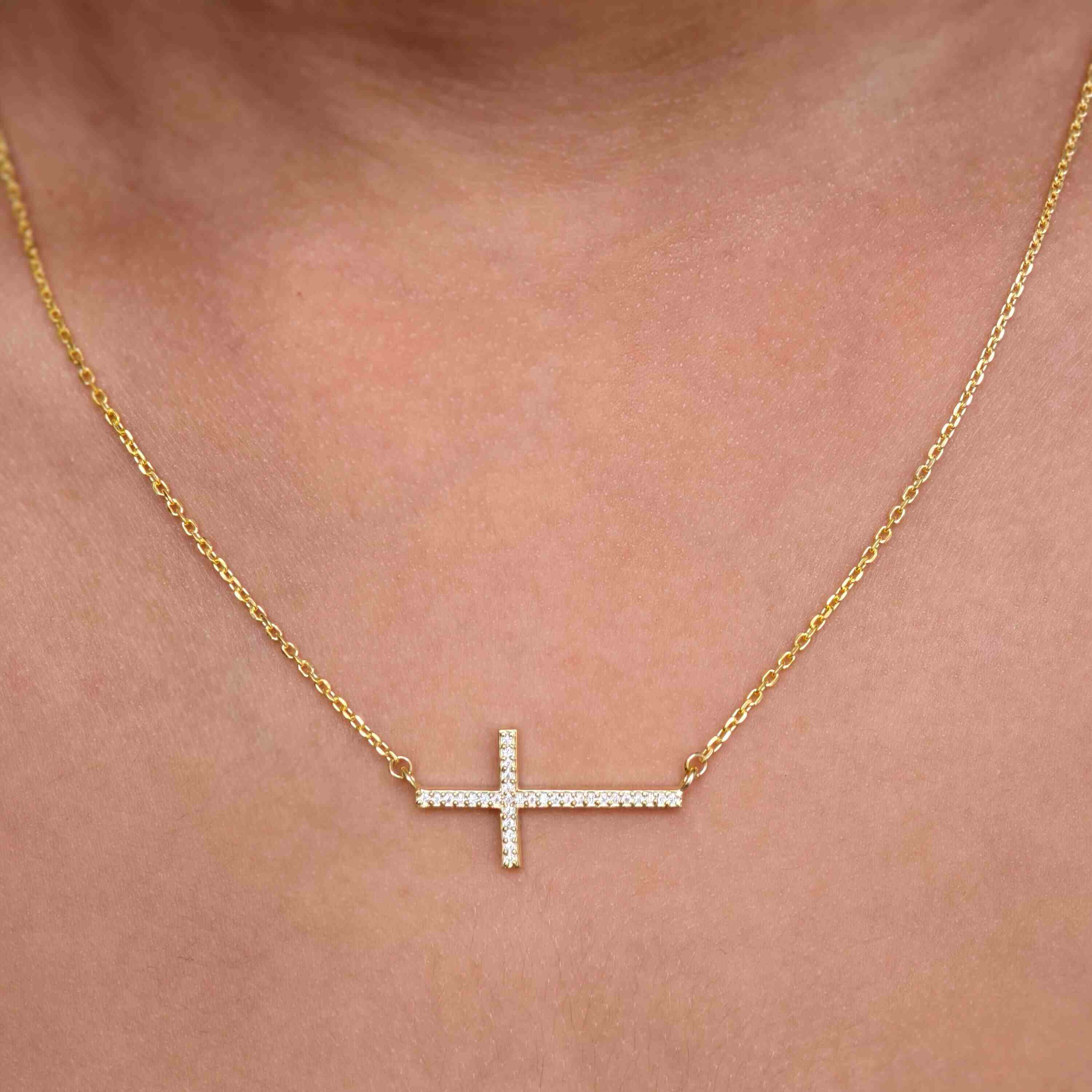 Sideway Cross Diamond Cross Pendant 14k Religious Necklace Pendant