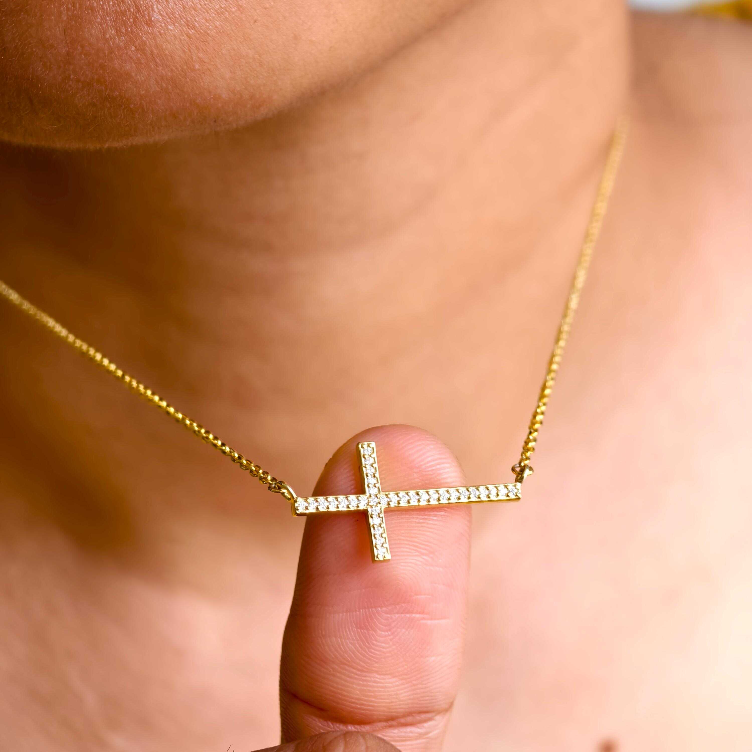 Sideway Cross Diamond Cross Pendant 14k Religious Necklace Pendant