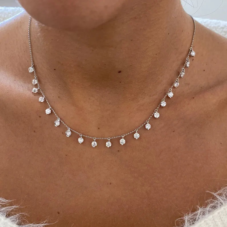 14K Gold Round Cut Lab Grown Diamond Prong Set Necklace Wedding Jewelry